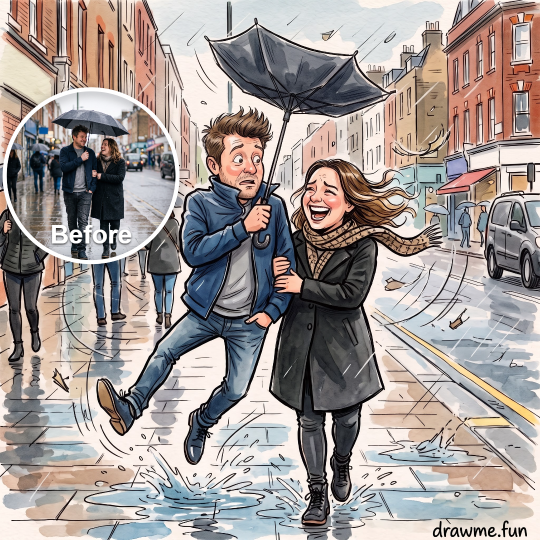 Custom rainy street caricature example
