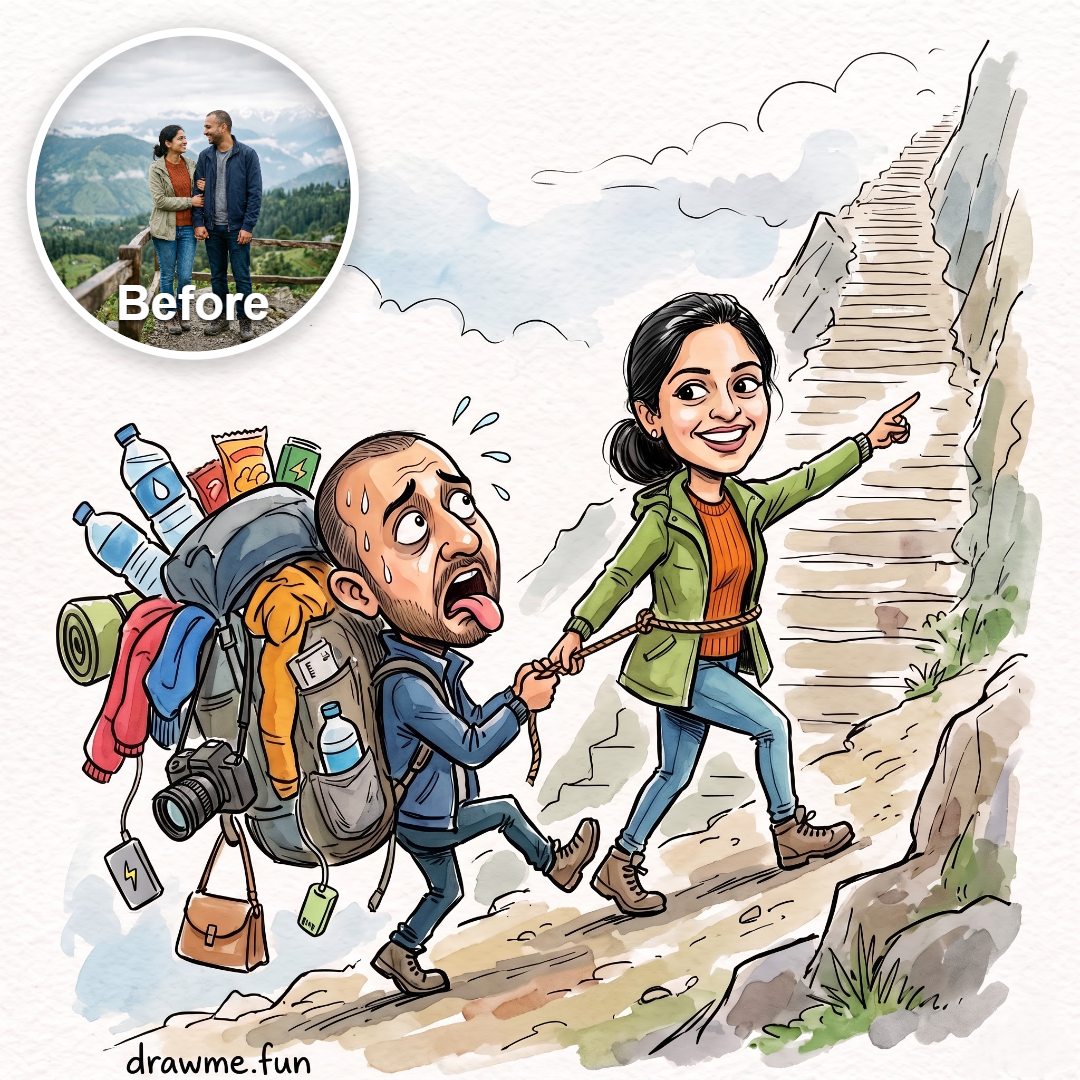 Custom mountain trek caricature example